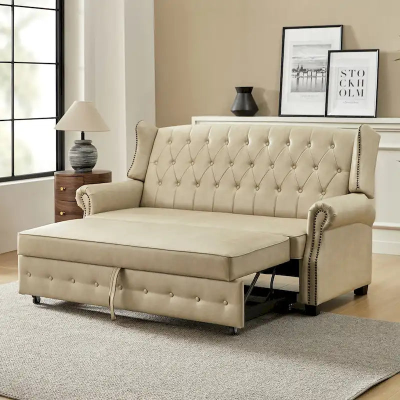 Canapé convertible 73,6 po en cuir végétalien de style transitoire avec dossier touffeté et garniture cloutée