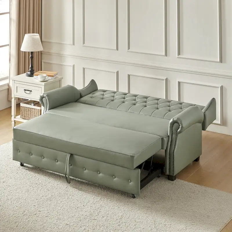 Canapé convertible 73,6 po en cuir végétalien de style transitoire avec dossier touffeté et garniture cloutée