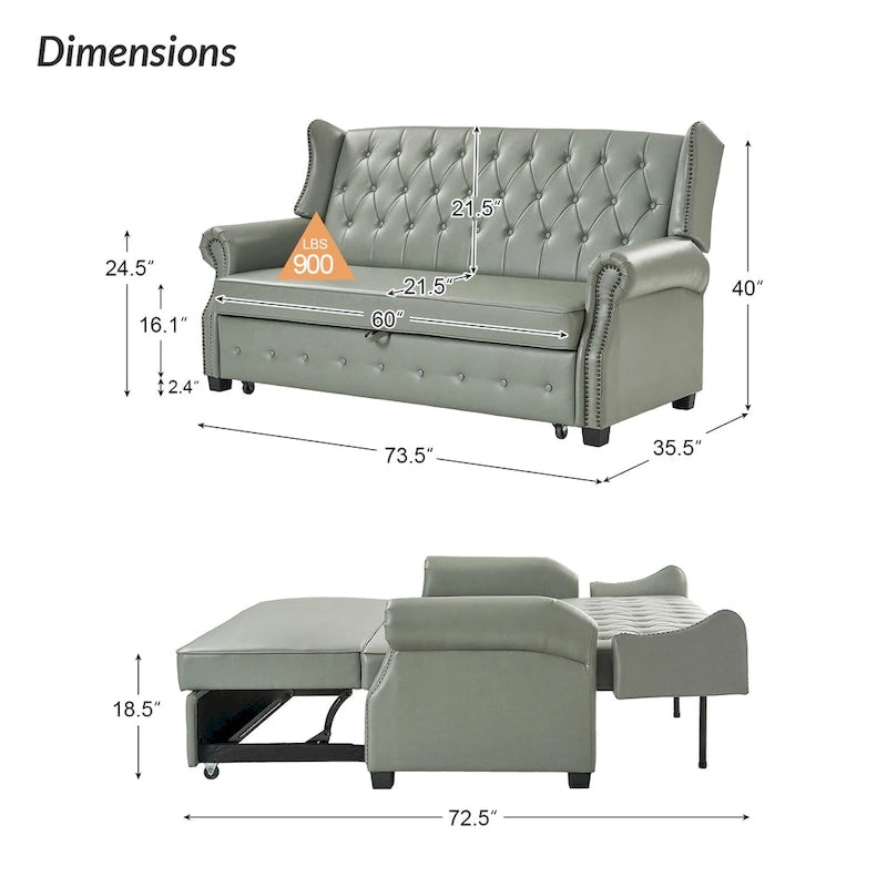 Canapé convertible 73,6 po en cuir végétalien de style transitoire avec dossier touffeté et garniture cloutée