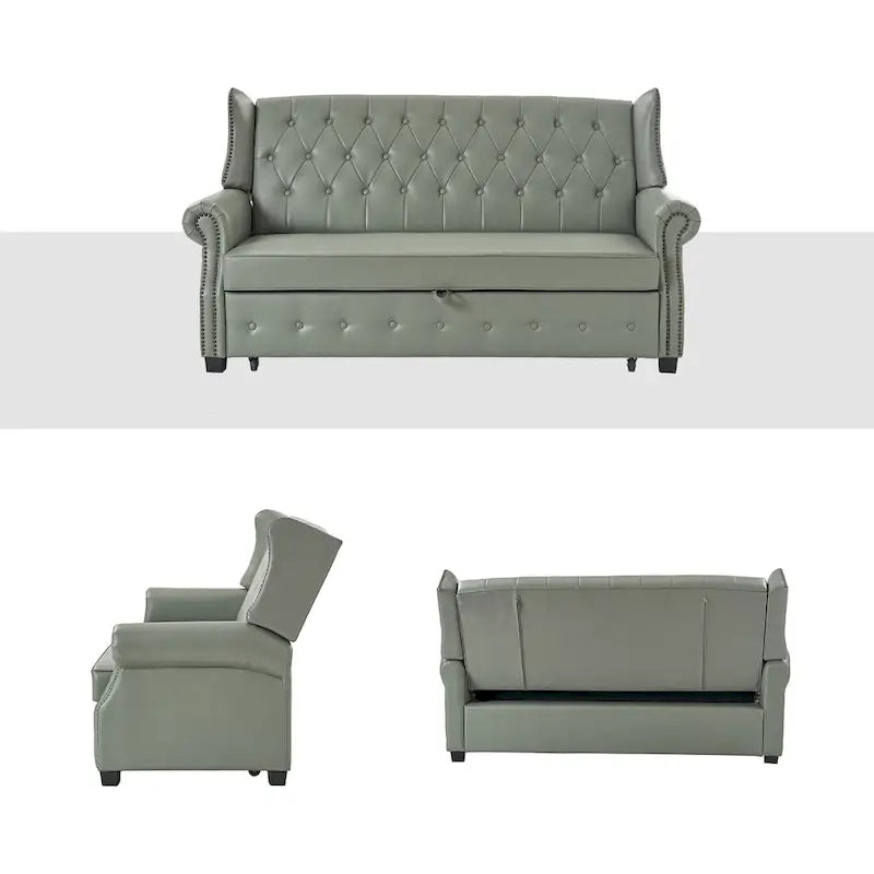 Canapé convertible 73,6 po en cuir végétalien de style transitoire avec dossier touffeté et garniture cloutée