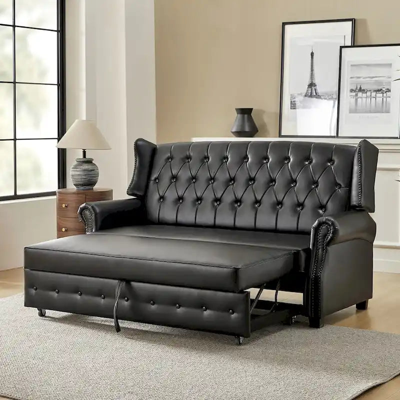 Canapé convertible 73,6 po en cuir végétalien de style transitoire avec dossier touffeté et garniture cloutée