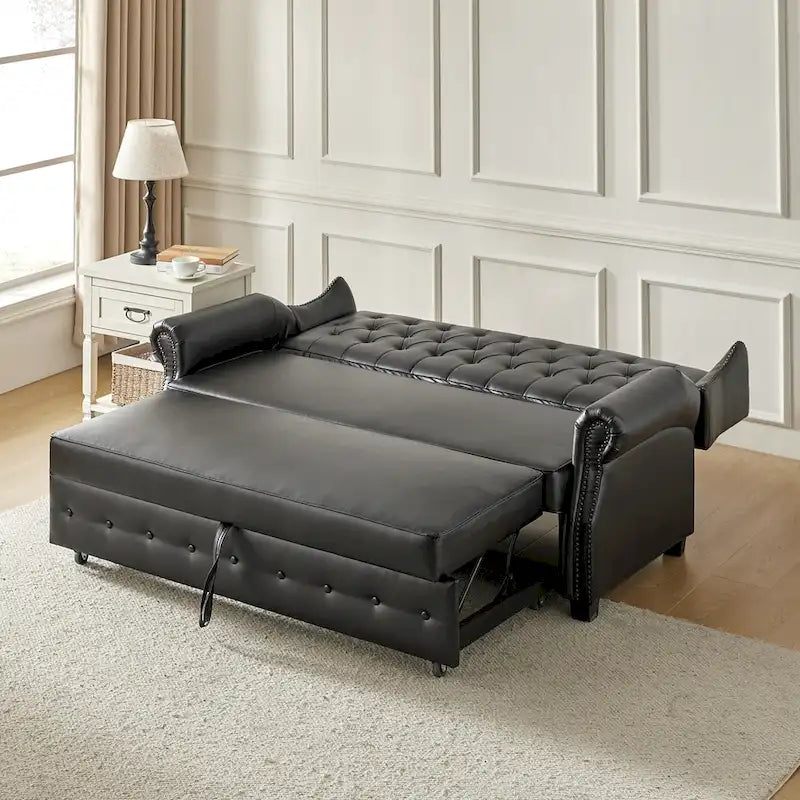 Canapé convertible 73,6 po en cuir végétalien de style transitoire avec dossier touffeté et garniture cloutée