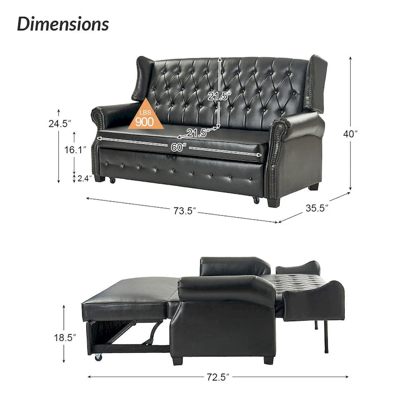 Canapé convertible 73,6 po en cuir végétalien de style transitoire avec dossier touffeté et garniture cloutée