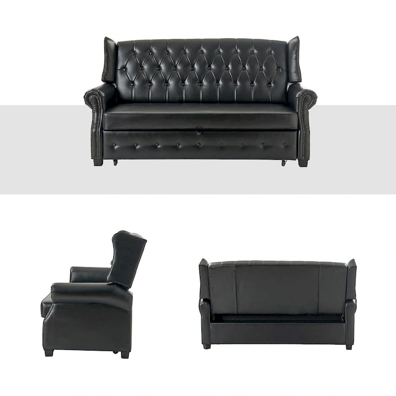 Canapé convertible 73,6 po en cuir végétalien de style transitoire avec dossier touffeté et garniture cloutée