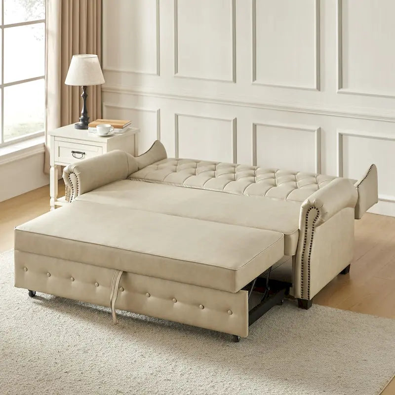 Canapé convertible 73,6 po en cuir végétalien de style transitoire avec dossier touffeté et garniture cloutée