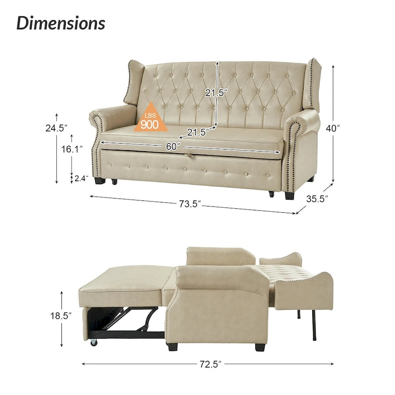 Canapé convertible 73,6 po en cuir végétalien de style transitoire avec dossier touffeté et garniture cloutée