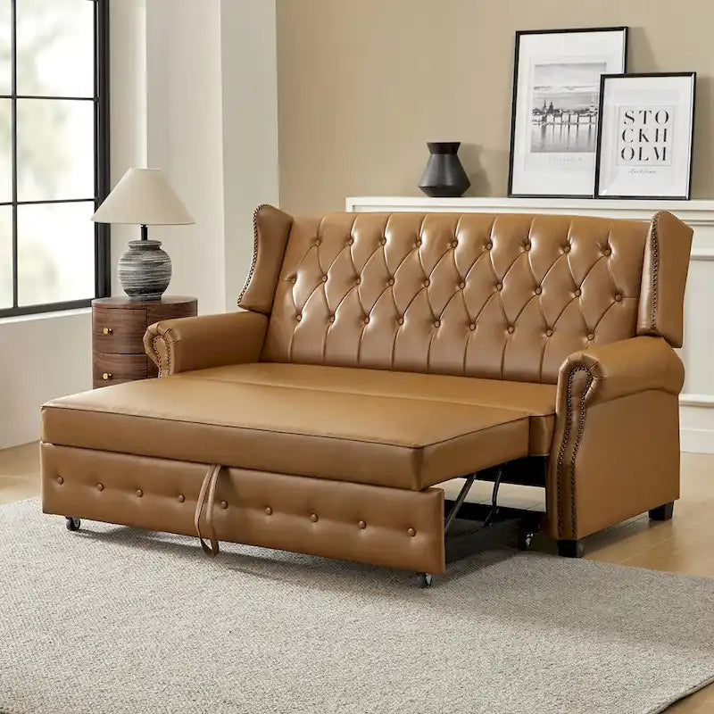 Canapé convertible 73,6 po en cuir végétalien de style transitoire avec dossier touffeté et garniture cloutée