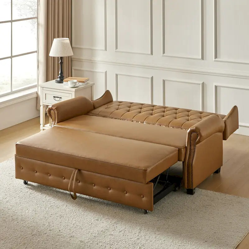 Canapé convertible 73,6 po en cuir végétalien de style transitoire avec dossier touffeté et garniture cloutée