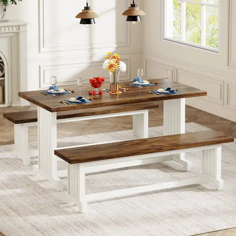 Table de petite salle à manger de style campagnard en bois de 119 cm avec 2 bancs - N/A