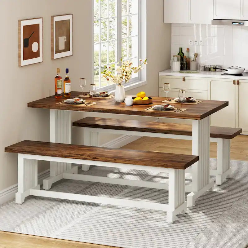 Table de petite salle à manger de style campagnard en bois de 119 cm avec 2 bancs - N/A