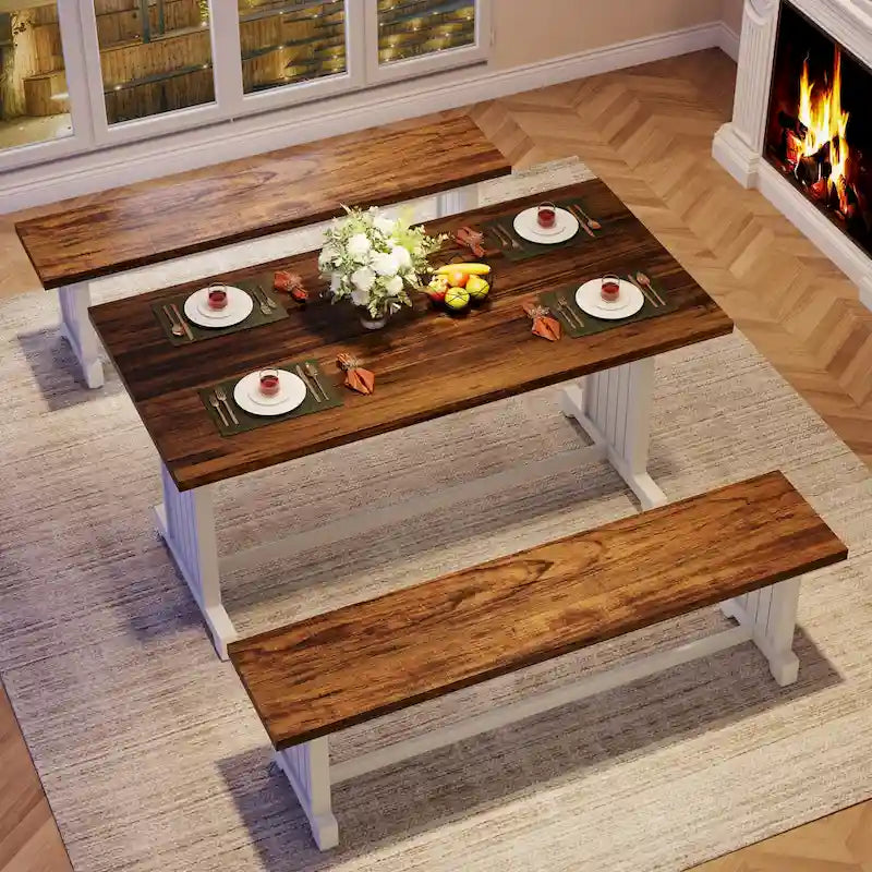 Table de petite salle à manger de style campagnard en bois de 119 cm avec 2 bancs - N/A