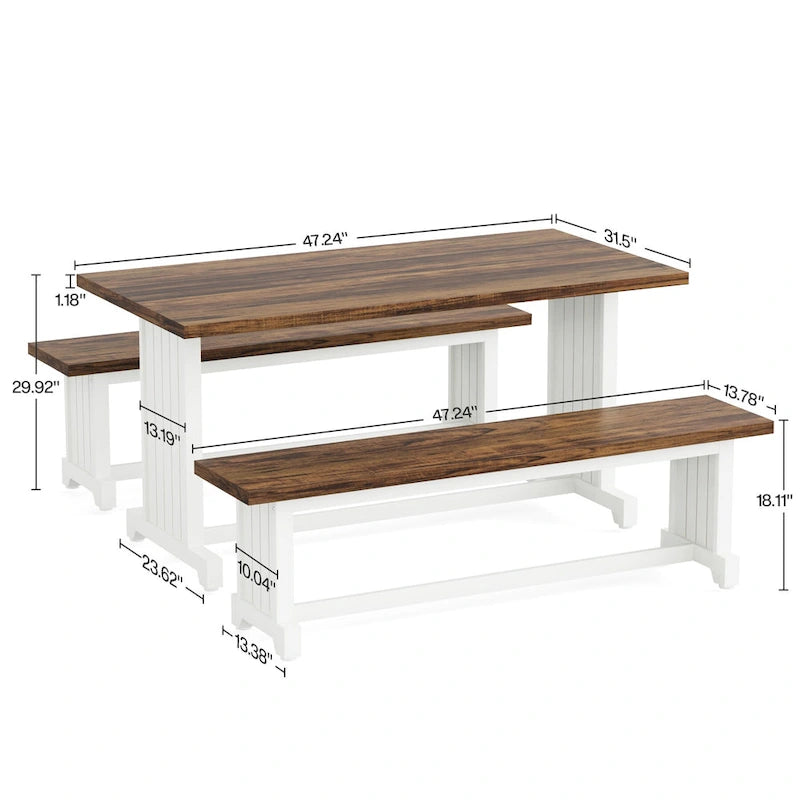 Table de petite salle à manger de style campagnard en bois de 119 cm avec 2 bancs - N/A