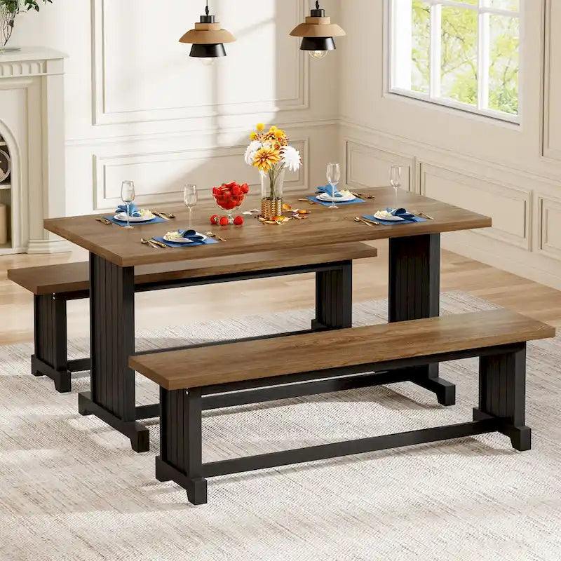 Table de petite salle à manger de style campagnard en bois de 119 cm avec 2 bancs - N/A