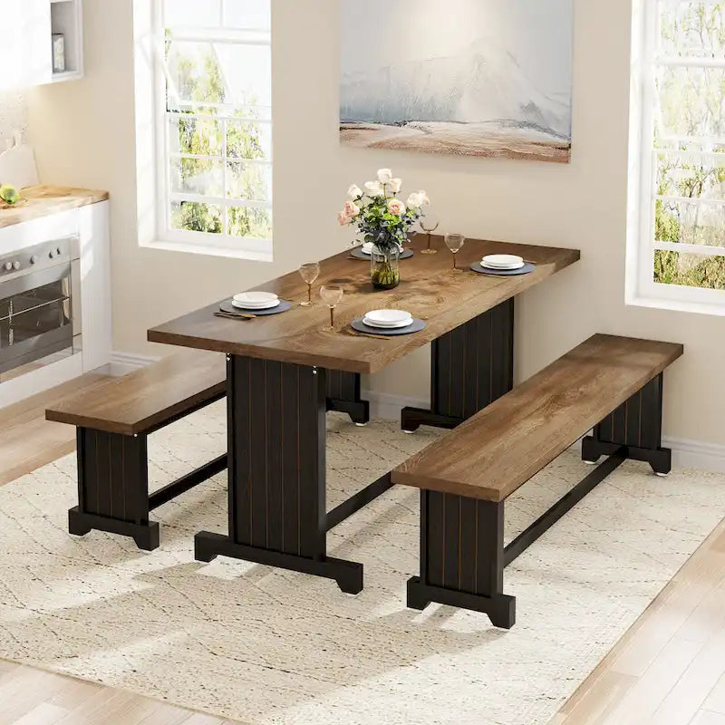 Table de petite salle à manger de style campagnard en bois de 119 cm avec 2 bancs - N/A