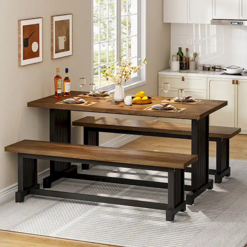 Table de petite salle à manger de style campagnard en bois de 119 cm avec 2 bancs - N/A