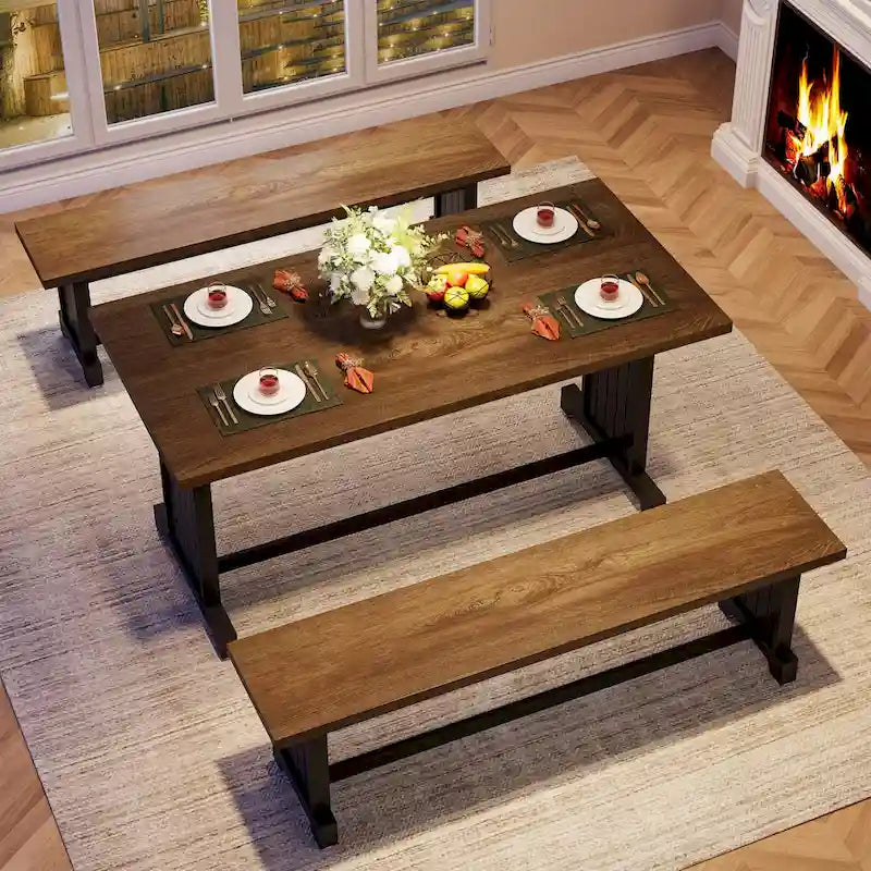 Table de petite salle à manger de style campagnard en bois de 119 cm avec 2 bancs - N/A