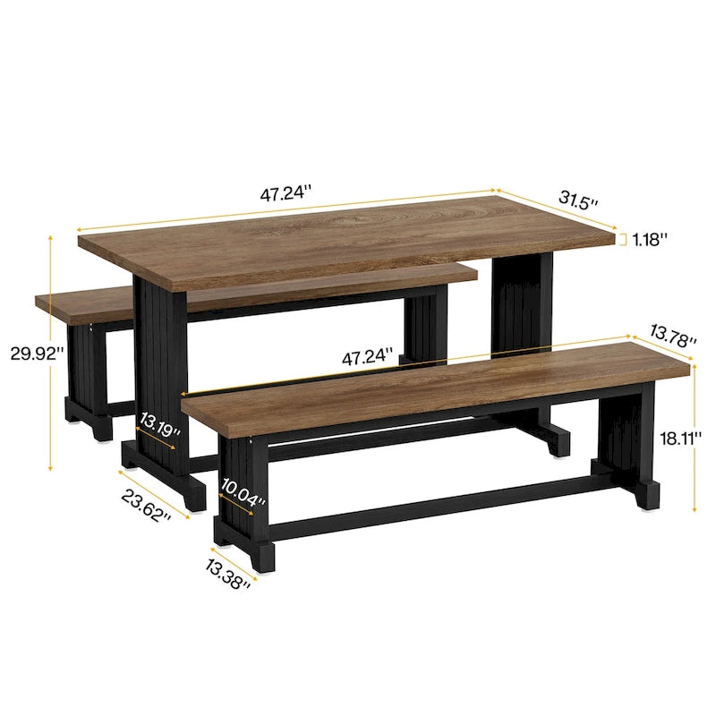 Table de petite salle à manger de style campagnard en bois de 119 cm avec 2 bancs - N/A