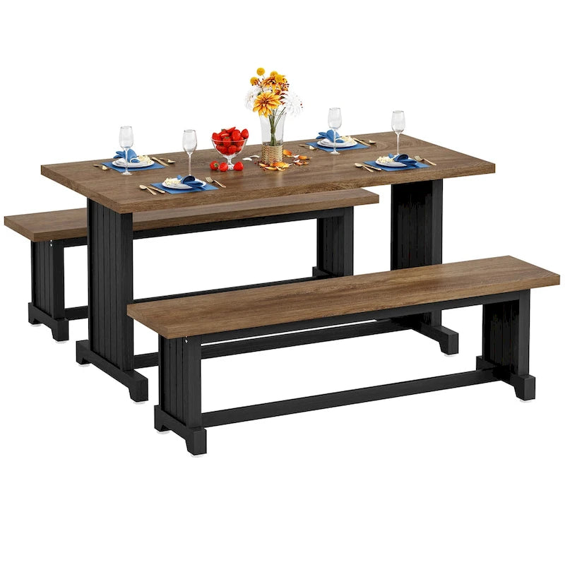 Table de petite salle à manger de style campagnard en bois de 119 cm avec 2 bancs - N/A