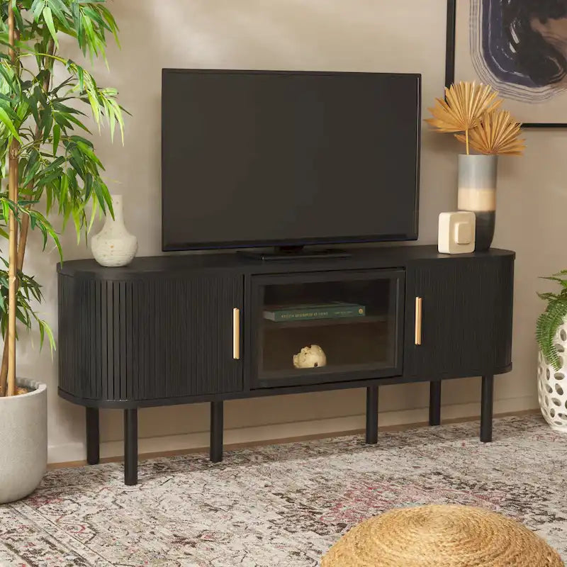 Meuble TV Home Tealla avec 2 portes tambour et 1 porte vitrée à levier. - 150x38x61 cm