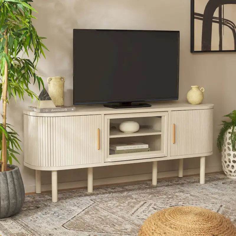 Meuble TV Home Tealla avec 2 portes tambour et 1 porte vitrée à levier. - 150x38x61 cm