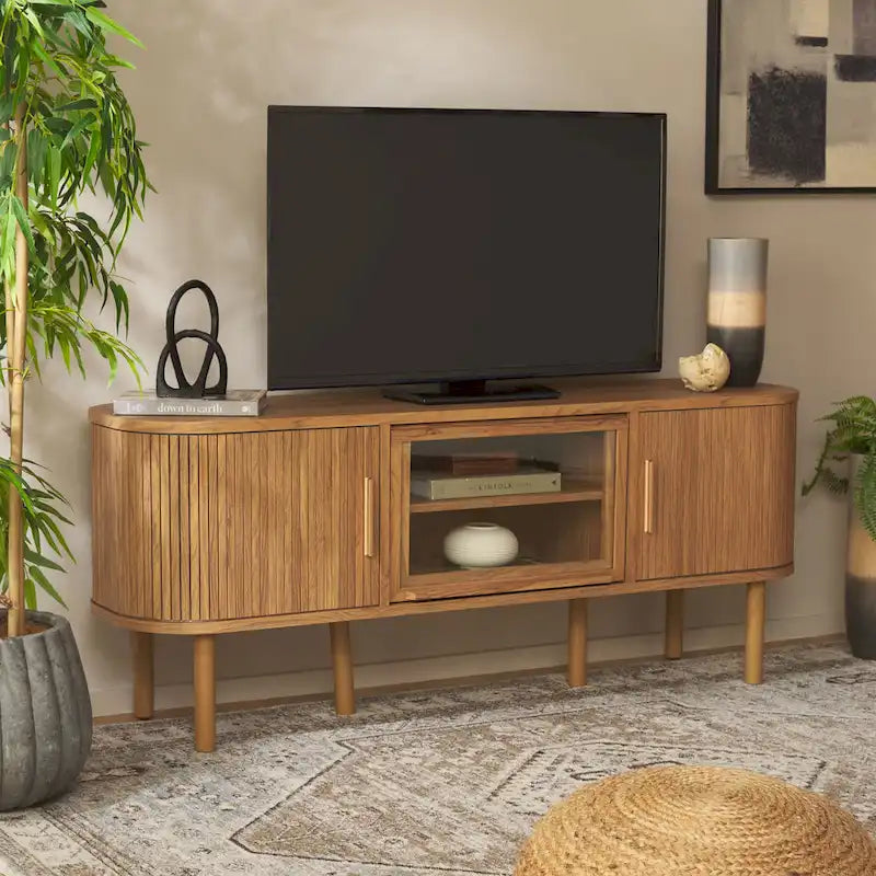Meuble TV Home Tealla avec 2 portes tambour et 1 porte vitrée à levier. - 150x38x61 cm