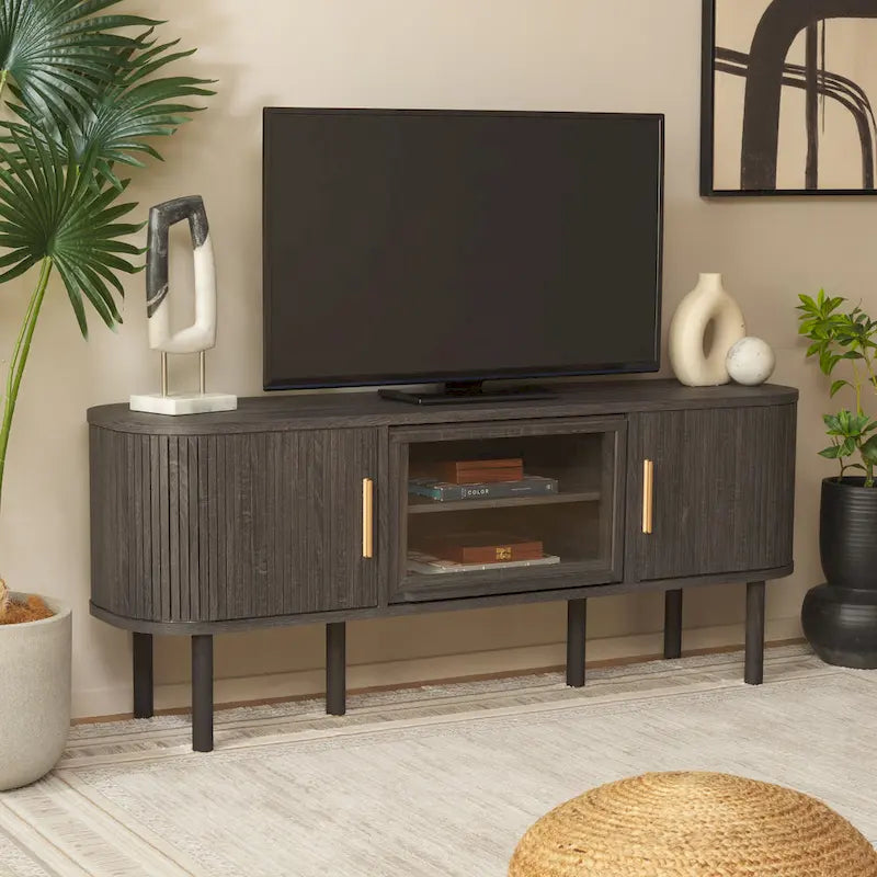 Meuble TV Home Tealla avec 2 portes tambour et 1 porte vitrée à levier. - 150x38x61 cm